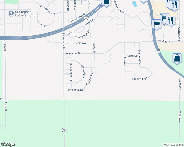 map of restaurants, bars, coffee shops, grocery stores, and more near 609 Cadillac Road in Marshall