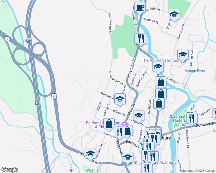 map of restaurants, bars, coffee shops, grocery stores, and more near 352 Cliff Street in Saint Johnsbury