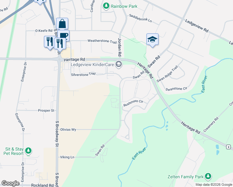 map of restaurants, bars, coffee shops, grocery stores, and more near 1682 Swan Road in De Pere