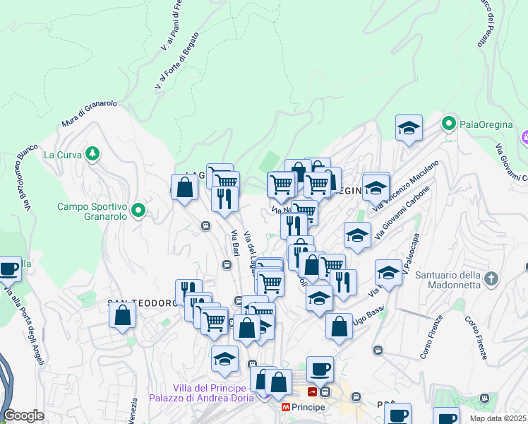 map of restaurants, bars, coffee shops, grocery stores, and more near 48 Via del Lagaccio in Genova