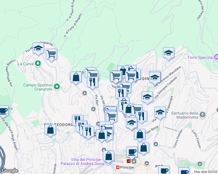 map of restaurants, bars, coffee shops, grocery stores, and more near 48 Via del Lagaccio in Genoa