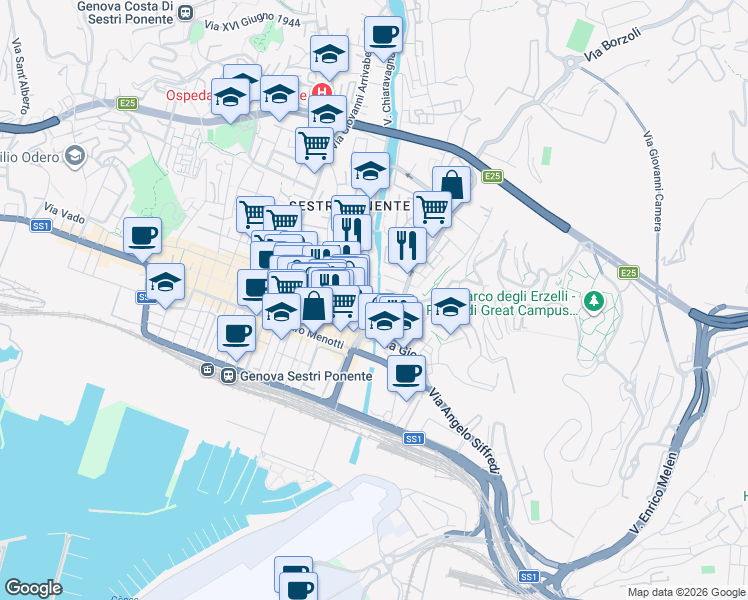 map of restaurants, bars, coffee shops, grocery stores, and more near 31 Via Chiaravagna in Genova