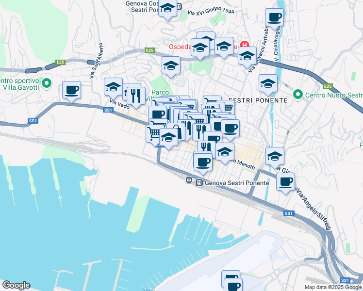 map of restaurants, bars, coffee shops, grocery stores, and more near 62 Via Sestri in Genoa