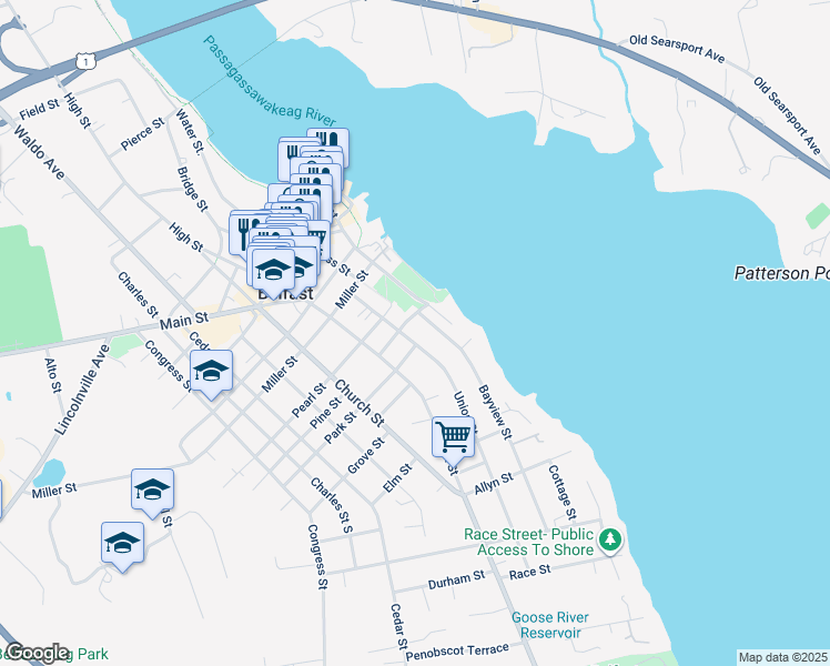 map of restaurants, bars, coffee shops, grocery stores, and more near 24 Commercial Street in Belfast