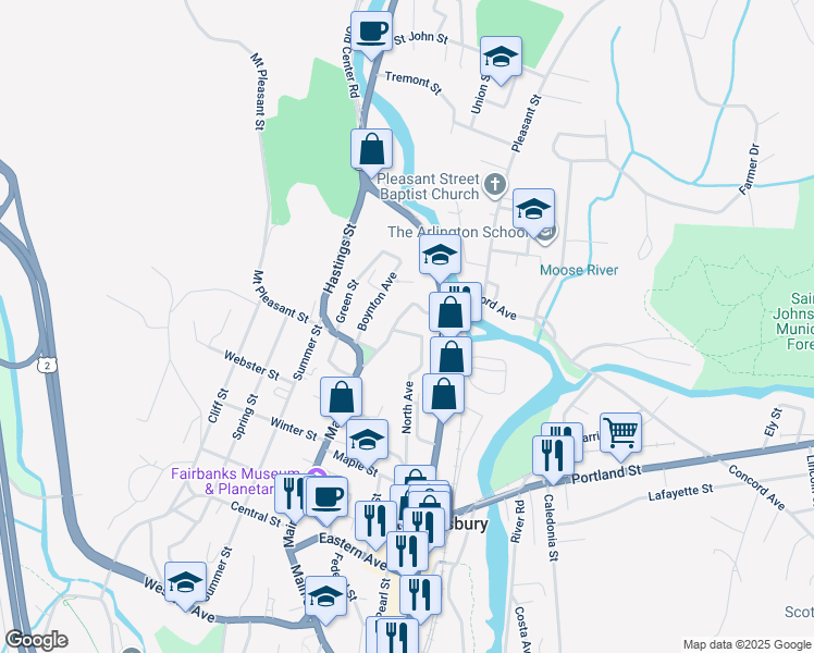 map of restaurants, bars, coffee shops, grocery stores, and more near 1705 Main Street in Saint Johnsbury