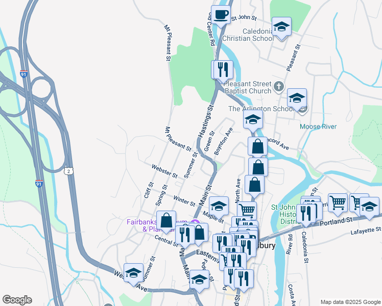 map of restaurants, bars, coffee shops, grocery stores, and more near 78 Hastings Street in Saint Johnsbury