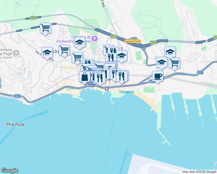 map of restaurants, bars, coffee shops, grocery stores, and more near 5 Lungomare di Pegli in Genova