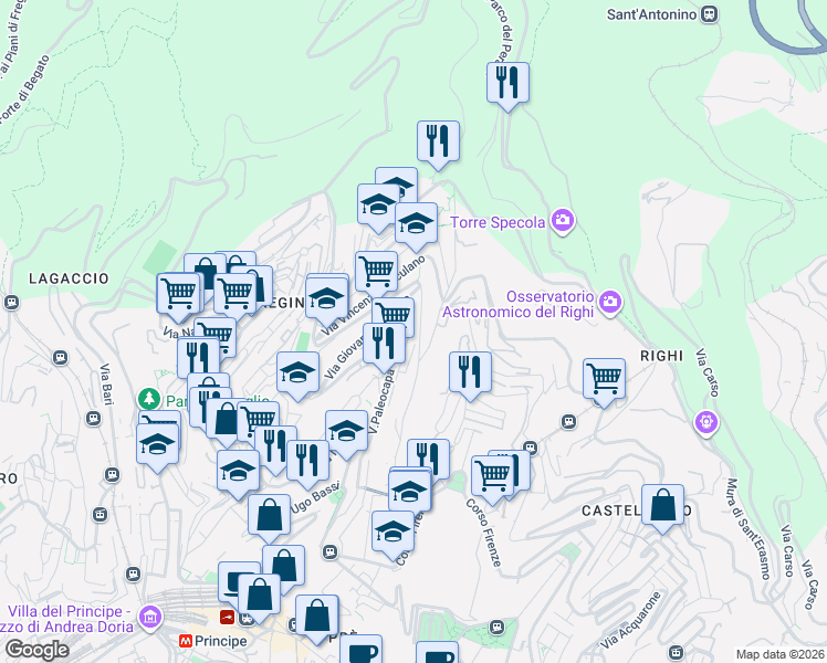 map of restaurants, bars, coffee shops, grocery stores, and more near 35 Via Giovanni Casaccia in Genoa