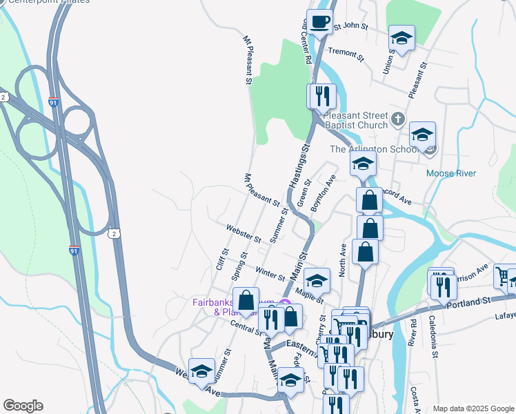 map of restaurants, bars, coffee shops, grocery stores, and more near 186 Mount Pleasant Street in Saint Johnsbury