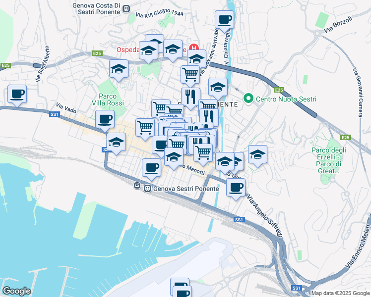 map of restaurants, bars, coffee shops, grocery stores, and more near Via Girolamo da Santo Stefano in Genoa