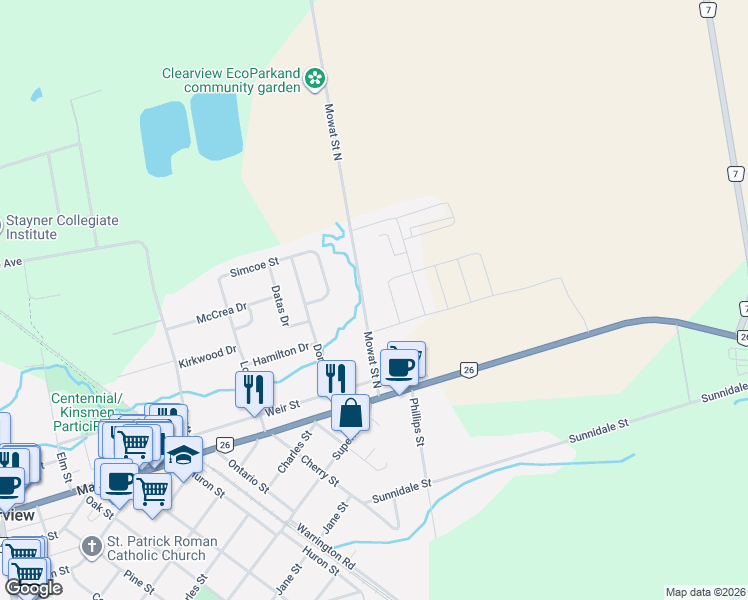 map of restaurants, bars, coffee shops, grocery stores, and more near 227 Mowat Street North in Clearview