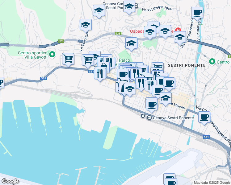 map of restaurants, bars, coffee shops, grocery stores, and more near Via Filippo Emanuele Bottino in Genova