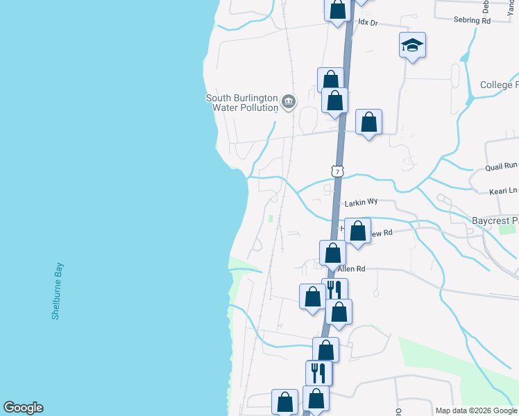 map of restaurants, bars, coffee shops, grocery stores, and more near 32 Brigham Road in South Burlington