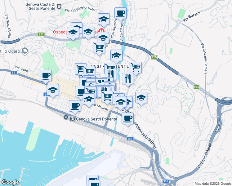 map of restaurants, bars, coffee shops, grocery stores, and more near 23 Via Chiaravagna in Genova