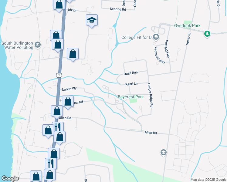 map of restaurants, bars, coffee shops, grocery stores, and more near 25 Baycrest Drive in South Burlington