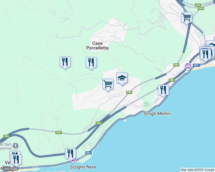 map of restaurants, bars, coffee shops, grocery stores, and more near 52A Via Campenave in Genova
