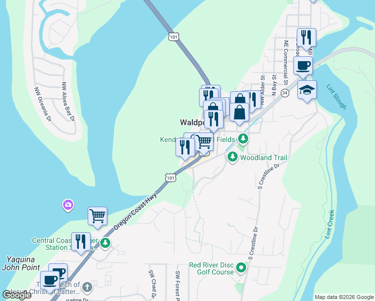 map of restaurants, bars, coffee shops, grocery stores, and more near 190 Southwest Maple Street in Waldport
