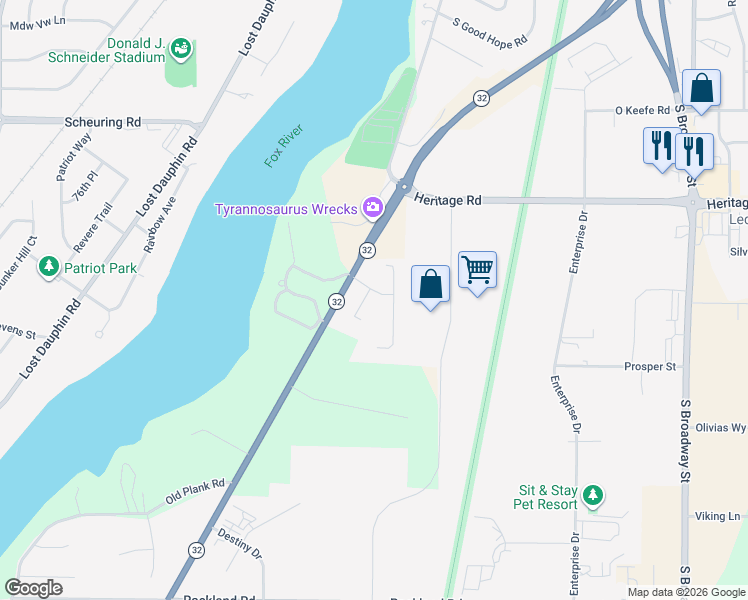 map of restaurants, bars, coffee shops, grocery stores, and more near 1782 Briarwood Court in De Pere