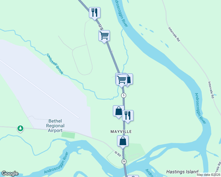 map of restaurants, bars, coffee shops, grocery stores, and more near 232 Mayville Road in Bethel