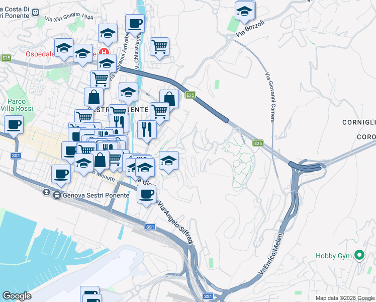 map of restaurants, bars, coffee shops, grocery stores, and more near 121 Via Antonio Sant'Elia in Genova