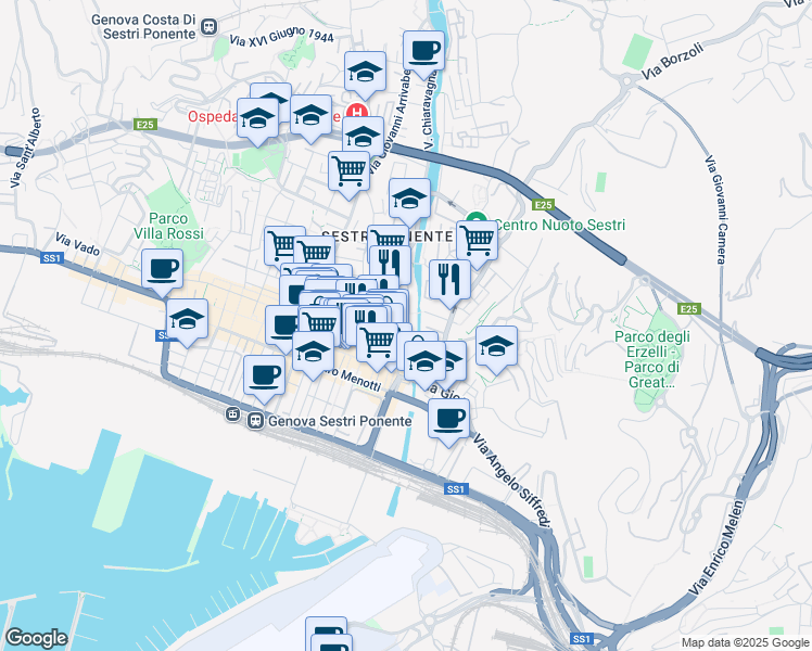 map of restaurants, bars, coffee shops, grocery stores, and more near 35 Via Chiaravagna in Genoa