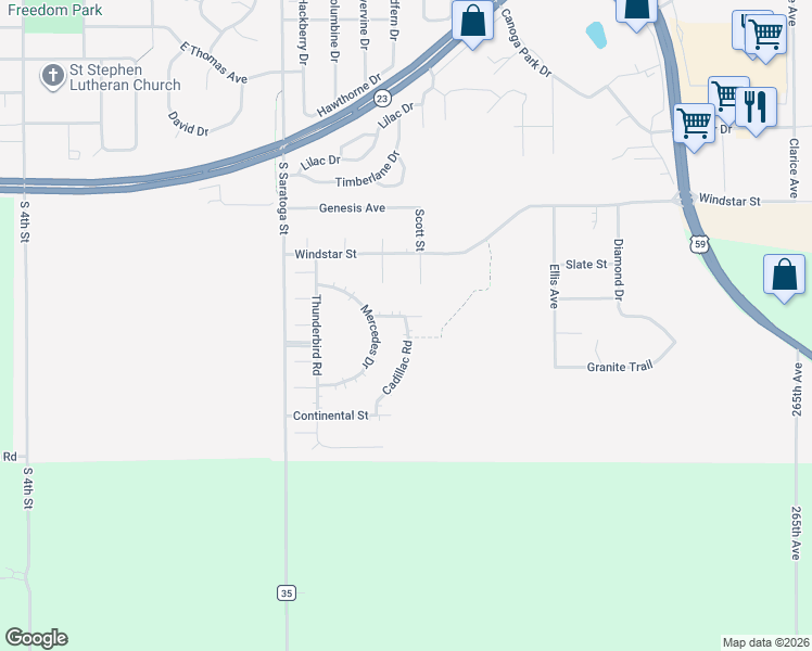 map of restaurants, bars, coffee shops, grocery stores, and more near 517 Viper Circle in Marshall