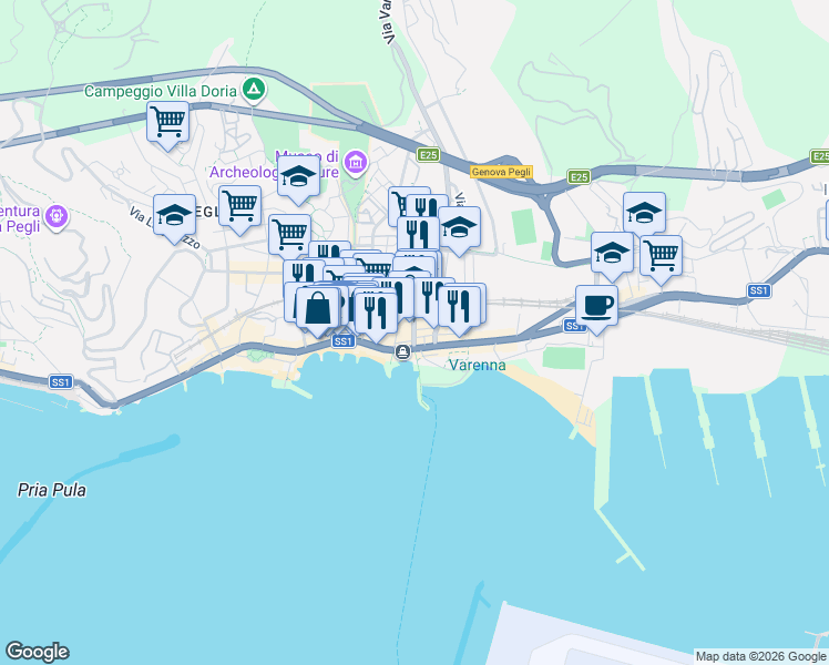 map of restaurants, bars, coffee shops, grocery stores, and more near 5 Lungomare di Pegli in Genoa