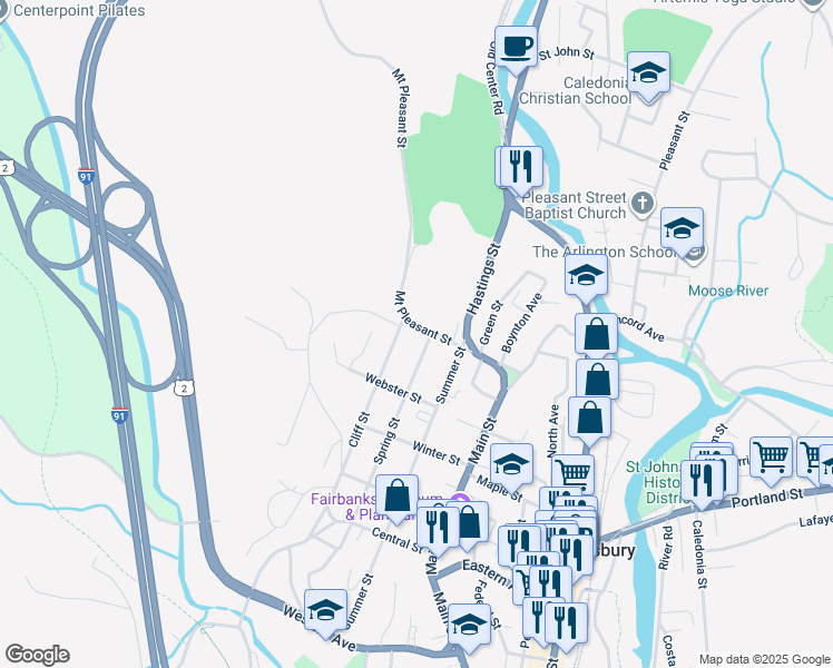 map of restaurants, bars, coffee shops, grocery stores, and more near 186 Mount Pleasant Street in Saint Johnsbury