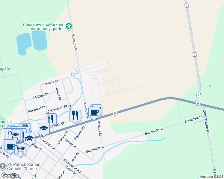 map of restaurants, bars, coffee shops, grocery stores, and more near 211 Cubitt Street in Stayner