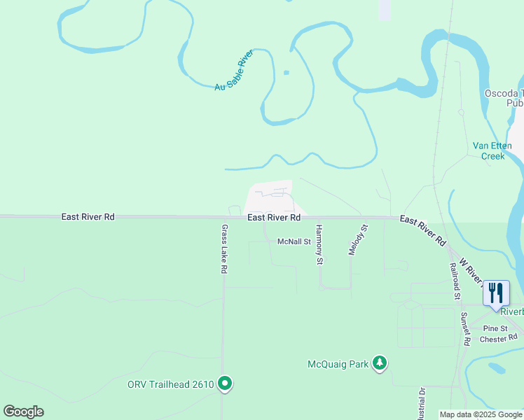 map of restaurants, bars, coffee shops, grocery stores, and more near 633 Killmaster Drive in Oscoda