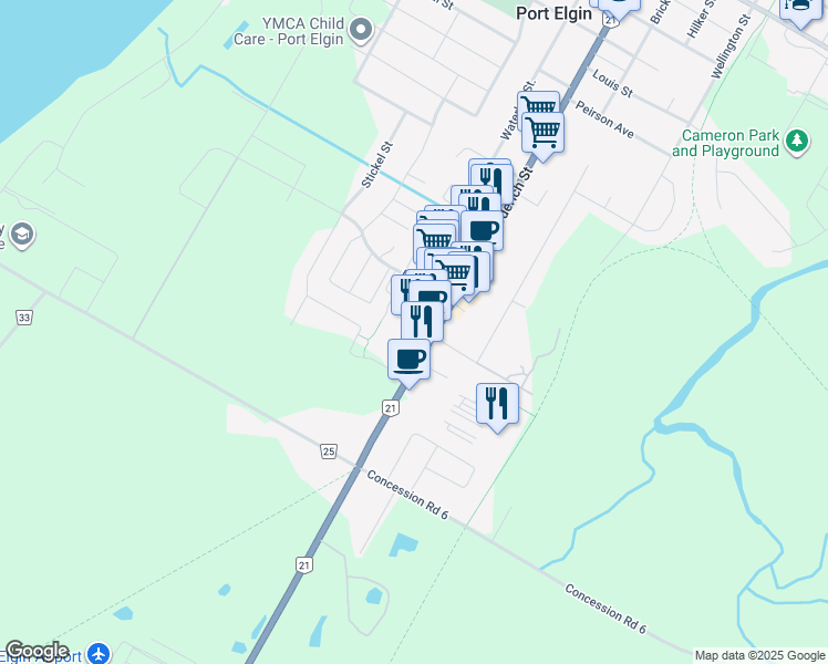 map of restaurants, bars, coffee shops, grocery stores, and more near 140 Goderich Street in Port Elgin