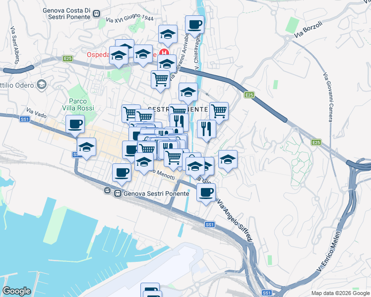 map of restaurants, bars, coffee shops, grocery stores, and more near 35 Via Chiaravagna in Genoa