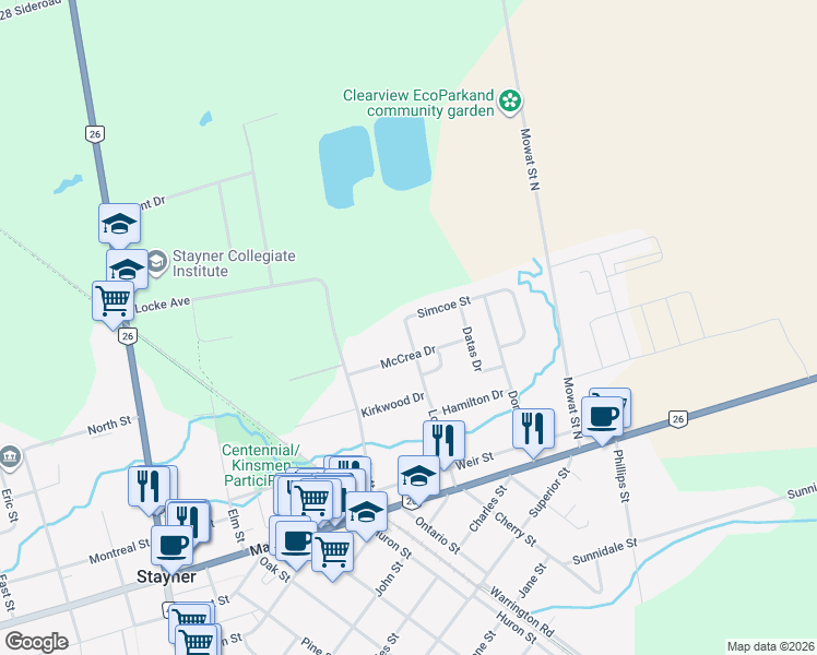 map of restaurants, bars, coffee shops, grocery stores, and more near 225 Louisa Street in Stayner