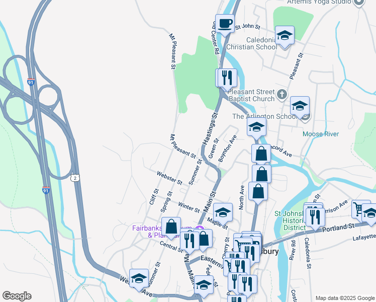 map of restaurants, bars, coffee shops, grocery stores, and more near 186 Mount Pleasant Street in Saint Johnsbury