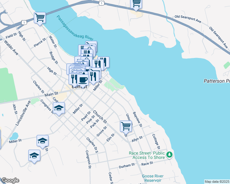 map of restaurants, bars, coffee shops, grocery stores, and more near 24 Commercial Street in Belfast