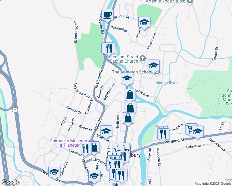 map of restaurants, bars, coffee shops, grocery stores, and more near 1705 Main Street in Saint Johnsbury