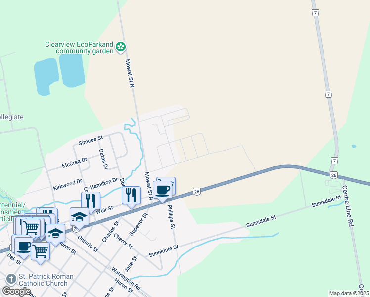 map of restaurants, bars, coffee shops, grocery stores, and more near 211 Cubitt Street in Stayner