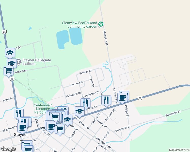 map of restaurants, bars, coffee shops, grocery stores, and more near 234 Dominion Drive in Stayner