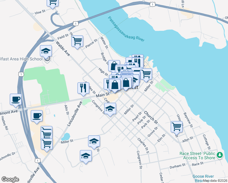 map of restaurants, bars, coffee shops, grocery stores, and more near 139 Main Street in Belfast