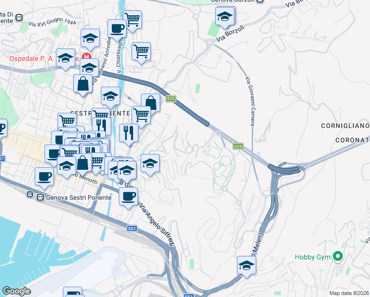 map of restaurants, bars, coffee shops, grocery stores, and more near 138 Via Antonio Sant'Elia in Genova