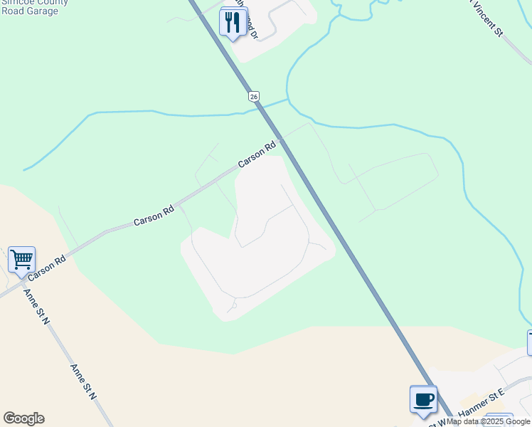 map of restaurants, bars, coffee shops, grocery stores, and more near 33 Wendat Trail in Barrie