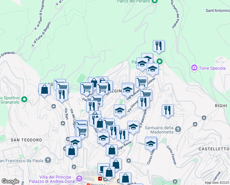 map of restaurants, bars, coffee shops, grocery stores, and more near 18 Via Capri in Genova