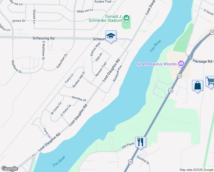 map of restaurants, bars, coffee shops, grocery stores, and more near 1850 Rainbow Avenue in De Pere