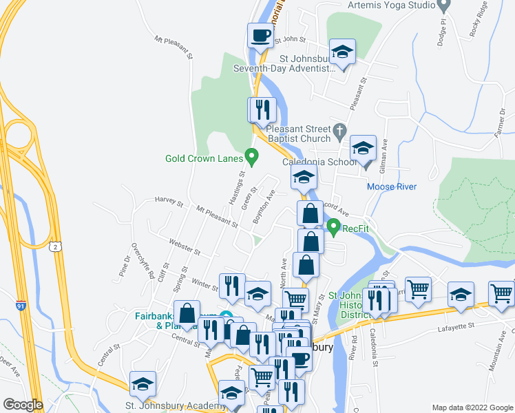 map of restaurants, bars, coffee shops, grocery stores, and more near 79 Boynton Avenue in Saint Johnsbury