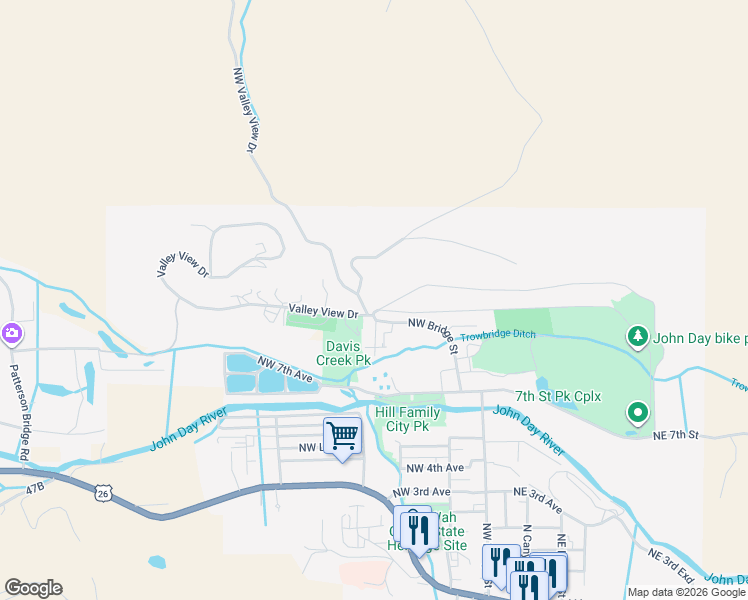 map of restaurants, bars, coffee shops, grocery stores, and more near 537 Northwest Charolais Heights in John Day