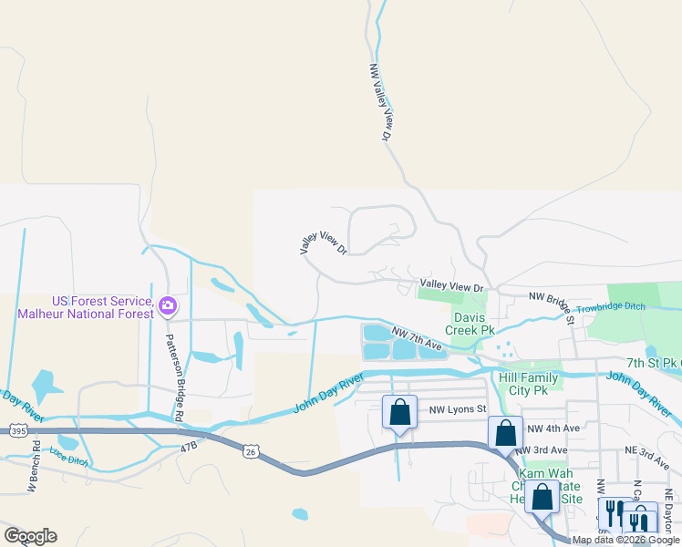 map of restaurants, bars, coffee shops, grocery stores, and more near 117 Valley View Drive in John Day