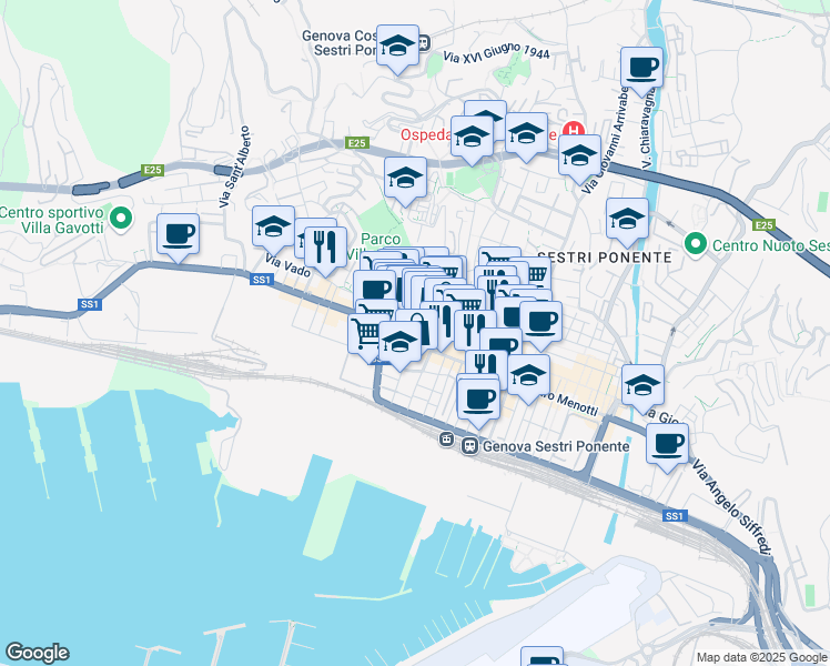 map of restaurants, bars, coffee shops, grocery stores, and more near 62 Via Sestri in Genoa