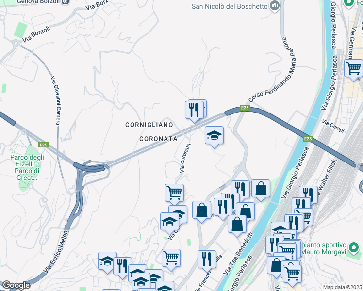 map of restaurants, bars, coffee shops, grocery stores, and more near 4A Via Ospedale di San Raffaele in Genova