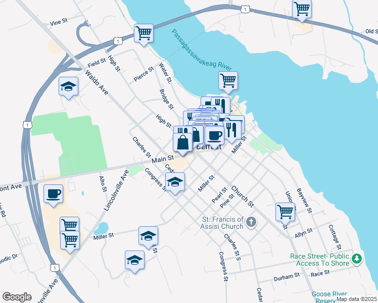 map of restaurants, bars, coffee shops, grocery stores, and more near in Belfast