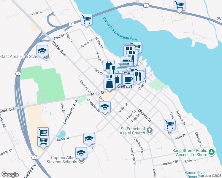 map of restaurants, bars, coffee shops, grocery stores, and more near 139 Main Street in Belfast